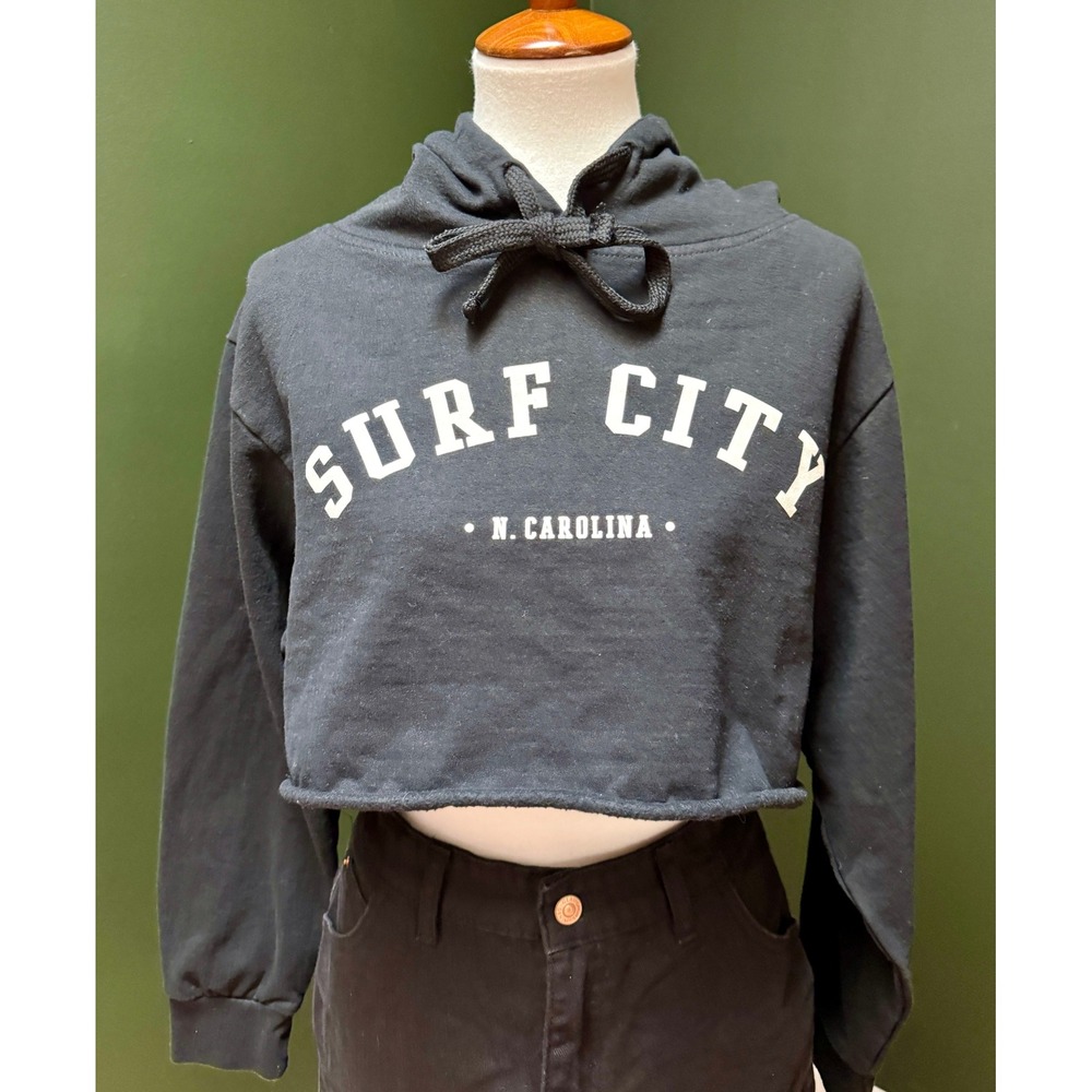 Envy Surf City N. Carolina Cropped Hoodie -‎ Raw Hem, Drawstring